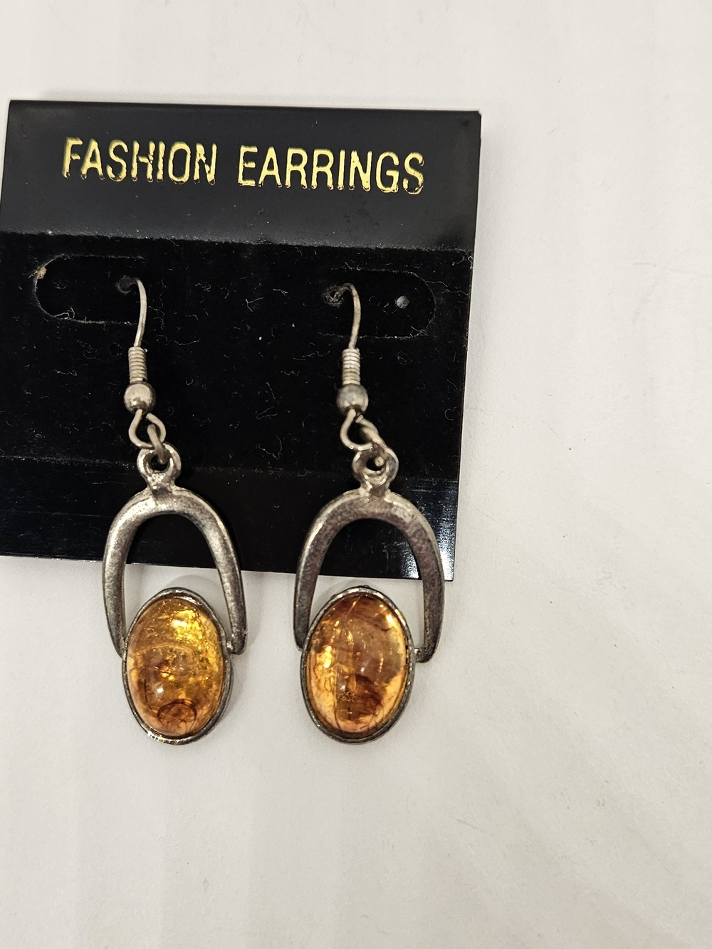Genuine Lucite Amber Color Silver Tone Earrings Drop Dangle Hook Vintage